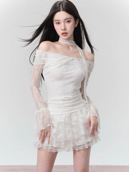 Fragileheart Fragile Shop Moonlight Lovers White Lace Knit One-Shoulder Top Set