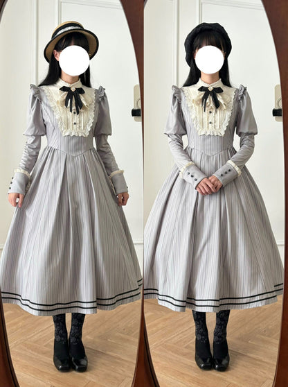 【8月18日予約締切】グレーストライプアンドフォググラデーションクラシカルドレス＋ハット＋ヘアクリップ