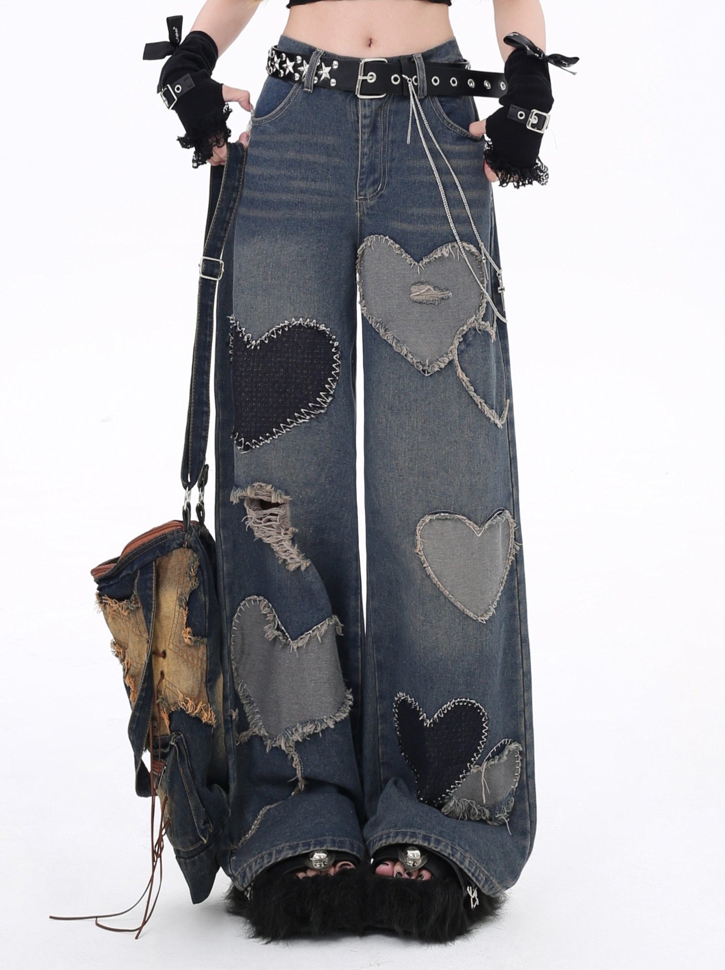 American Sweet & Cool Heart Patchwork Denim Pants