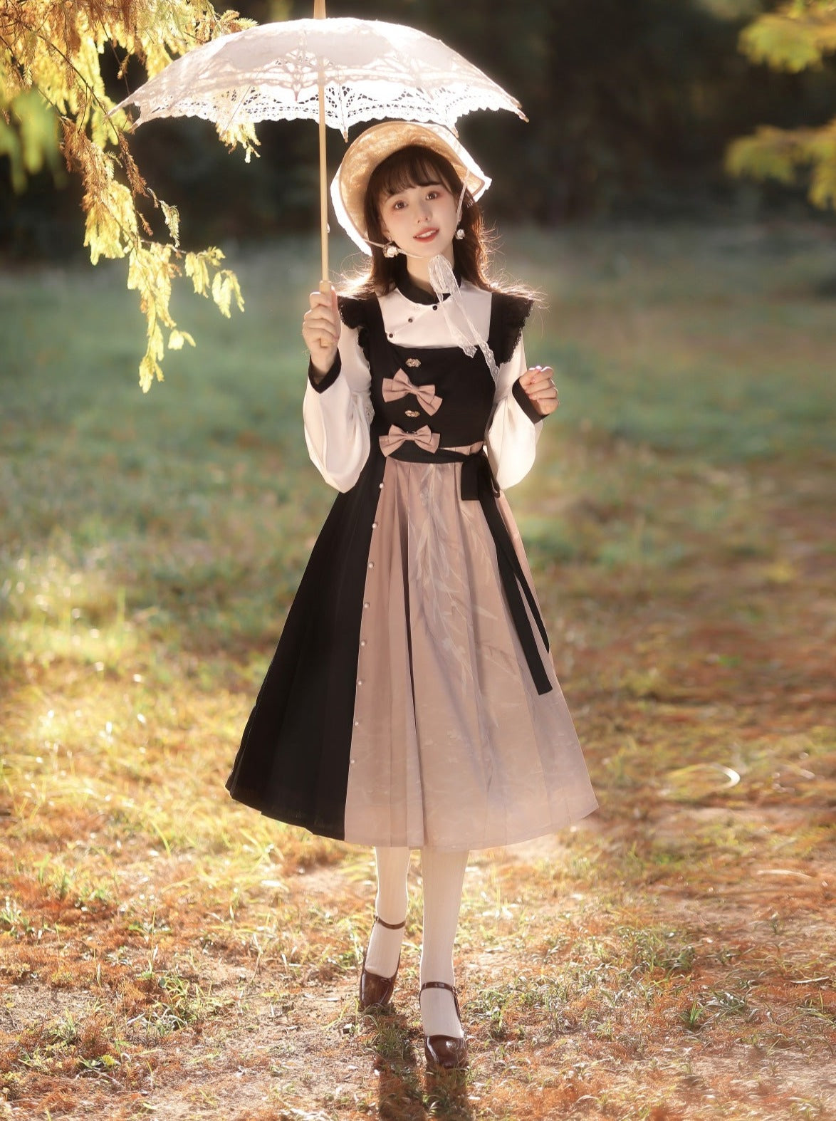 China Bow Suspender Skirt + Balloon Sleeve Blouse