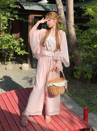 [Reservations] Sweet Sheer Chinese Cardigan + Camisole + Wide Leg Pants