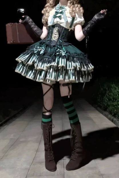 [Pre-order Deadline: May 20] Magical Girl Lolita Elegant Lace Puff Sleeve Shirt + Black x Green Ribbon Corset Tiered Dress + Mini Hat