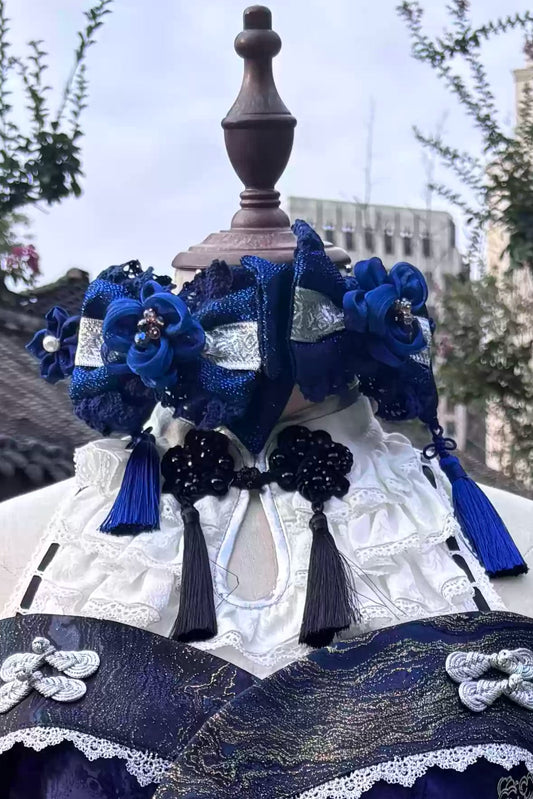 【10月9日予約締切】Dark Blue And White Gothic Nine-Tailed Fox Embroidered Chinese Lolita Series Accessories