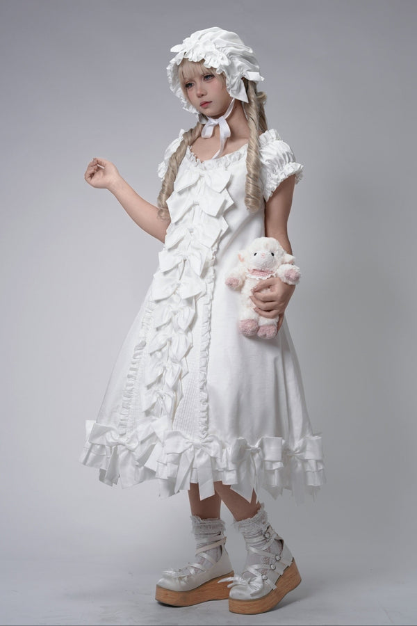 [November 15 Reservation Deadline] White Doll Style Front & Back Two-Way Ruffle Ribbon Lolita Dress (Short/Long) + Matching Shorts (Short/Long) + BB Hat
