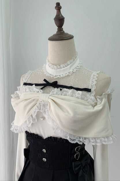 [Pre-order Deadline: October 15] Romantic White Bow Sheer Lace Off-Shoulder Knit Top + Black Bow Lace Layered Mini Skirt