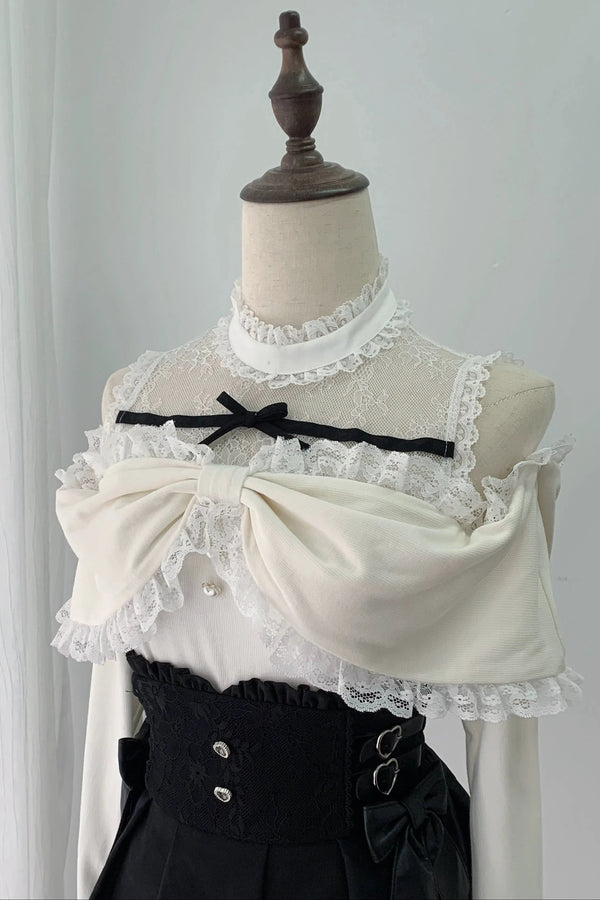 [Pre-order Deadline: October 15] Romantic White Bow Sheer Lace Off-Shoulder Knit Top + Black Bow Lace Layered Mini Skirt