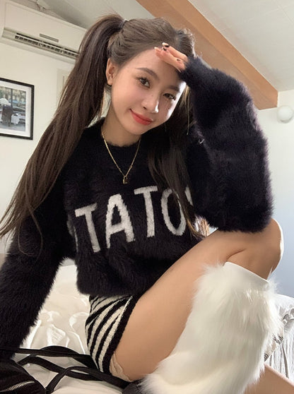 Logo soft fur knit top