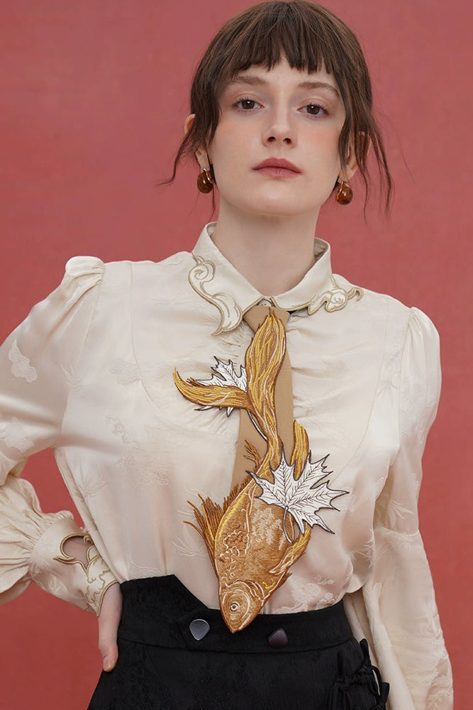 Kamo original Chinese style sinking fish fallen leaves tie women's matching shirt design sense niche embroidery bow tie accessories