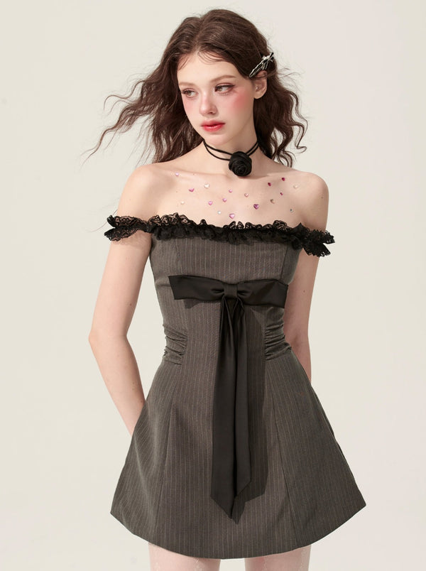 [Reservations] Smoke-colored One-shoulder Gray Stripe Dress