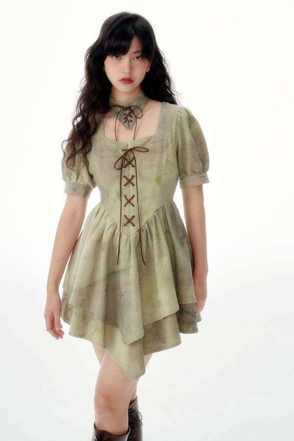 Cross -ribon color Square neck Thai Datei Elede Ilehem Dress