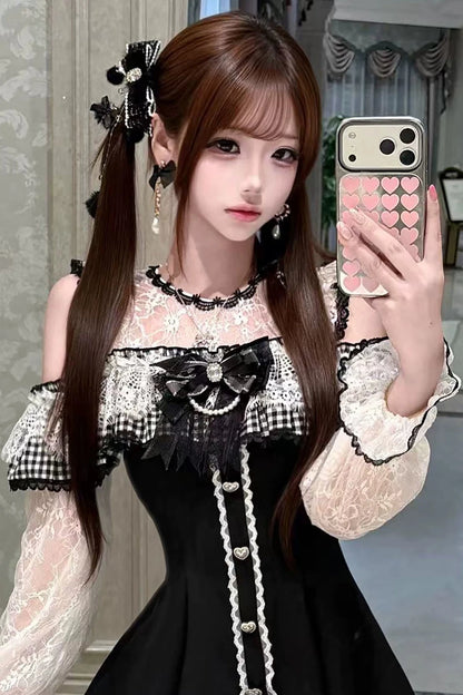 [Pre-order Deadline: November 15] Black and White Gingham Cold-Shoulder Long-Sleeve Lace Dress + Shorts + Bow Tie Set