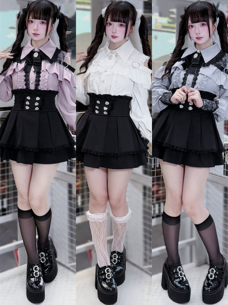 [Deadline for reservations: October 15] Open Shoulder Heart Leather Strap Ruffle Ribbon Shirt