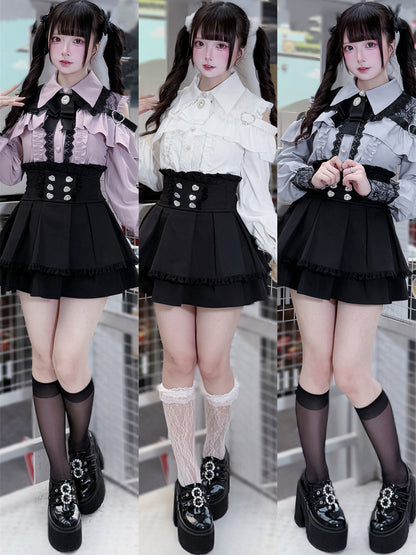 [Deadline for reservations: October 15] Open Shoulder Heart Leather Strap Ruffle Ribbon Shirt