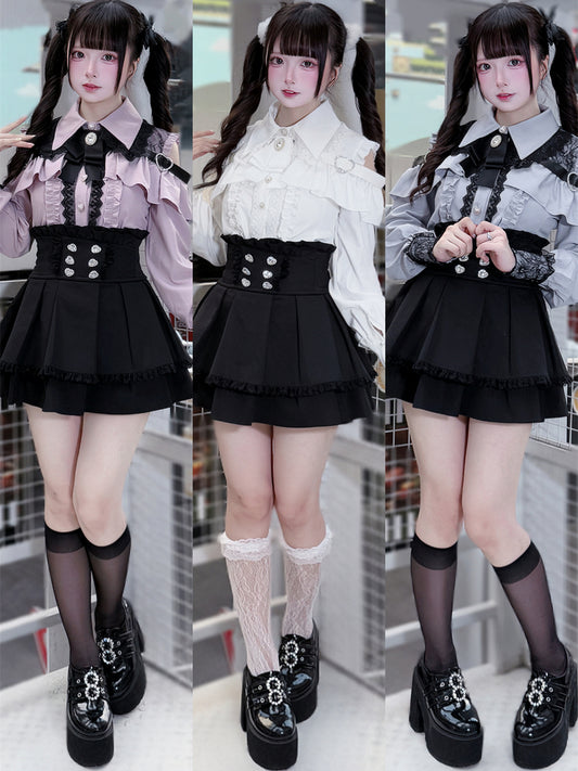 オープンショルダーハートレザーストラップフリルリボンシャツ