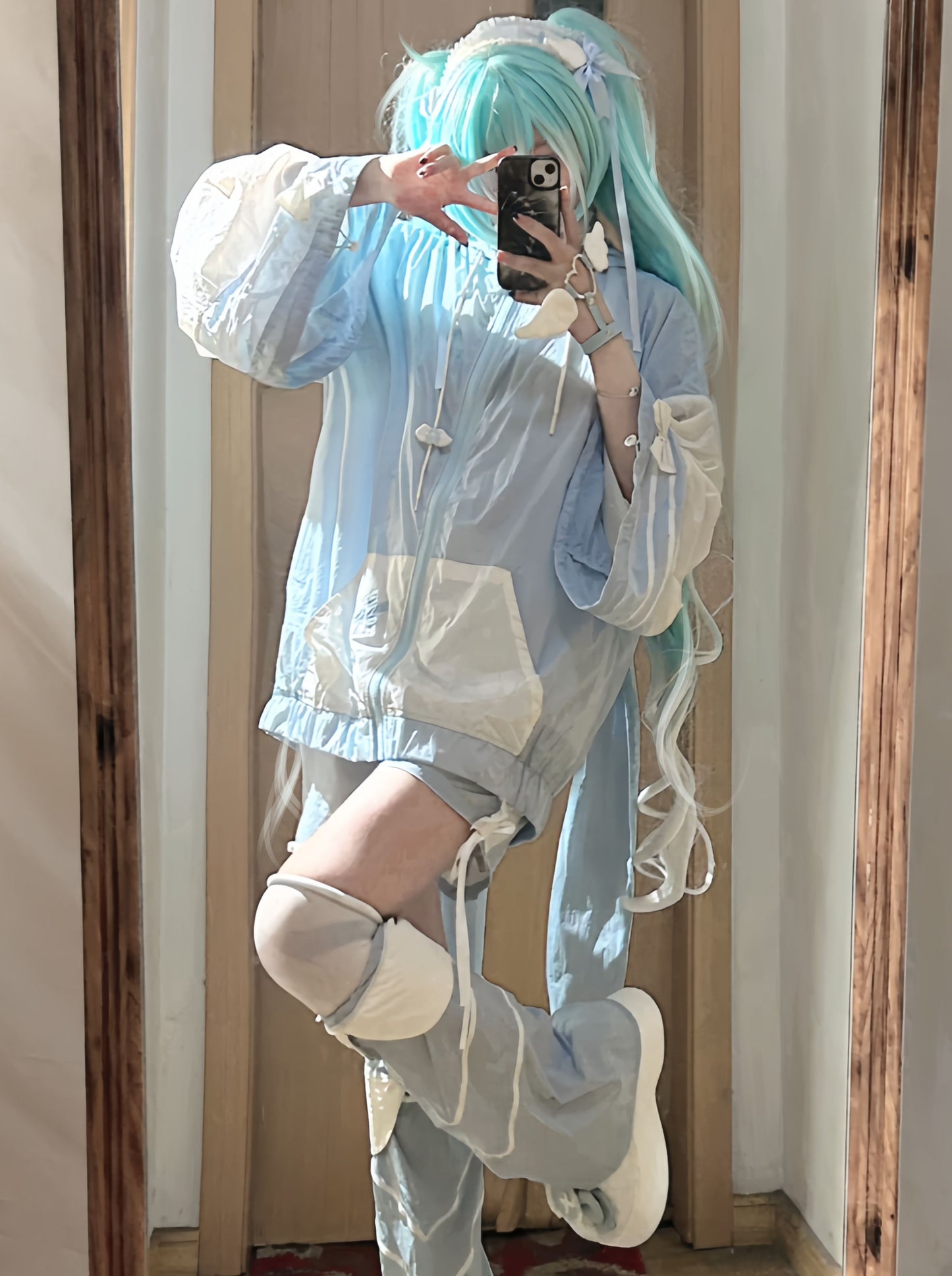 [Angel Neighborhood👼Aqua Angel Subculture Hooded Parka + Ribbon Shorts + Leg Warmers