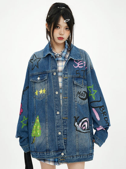 Spray art design oversized denim jacket