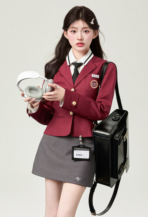 College Badge JK Blazer + White Shirt + Gray Hip Skirt