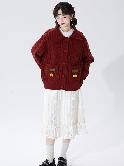 Retro Cherry Cable Knit Cardigan