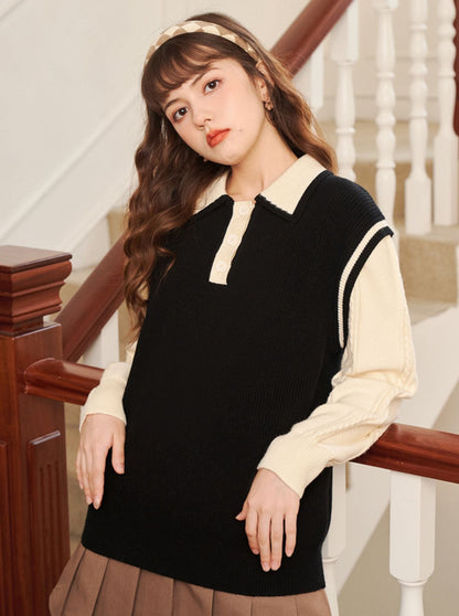 Polo collar faux two-piece knit sweater