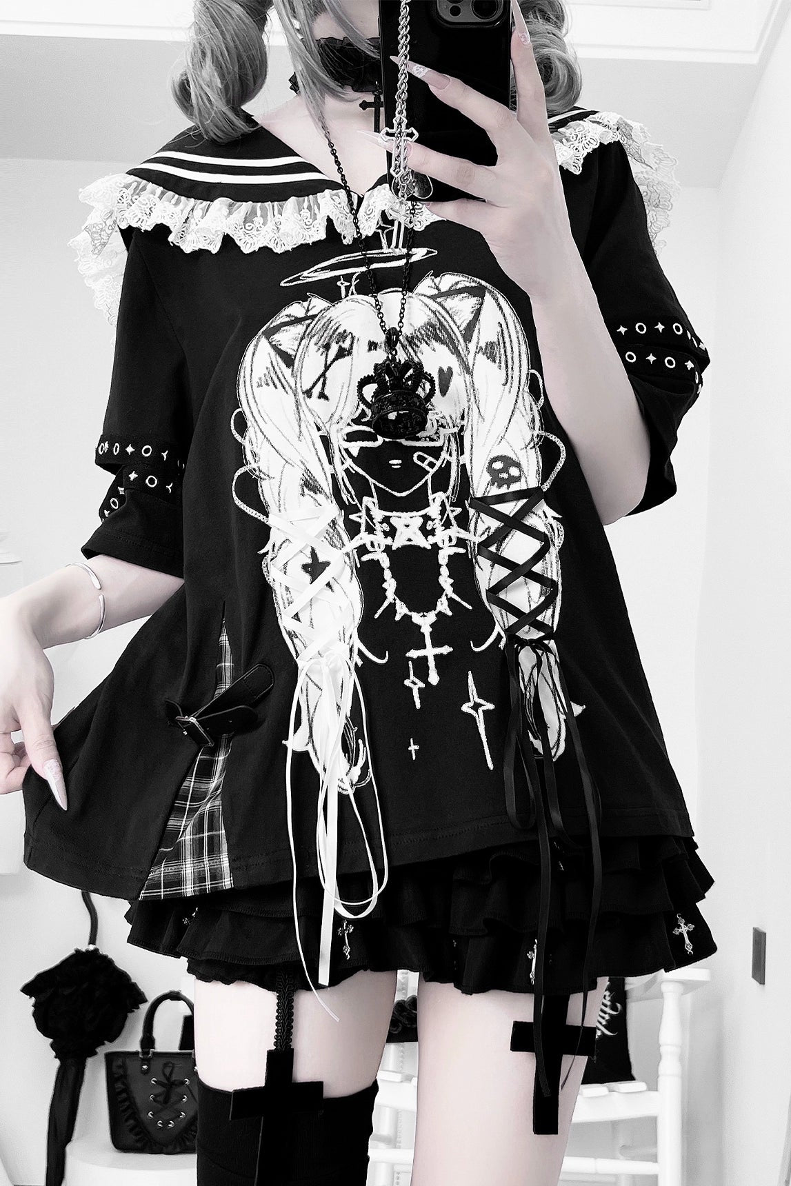 Lala-chan to the dark original design subculture print navy collar strappy top girl sweet cool outfit