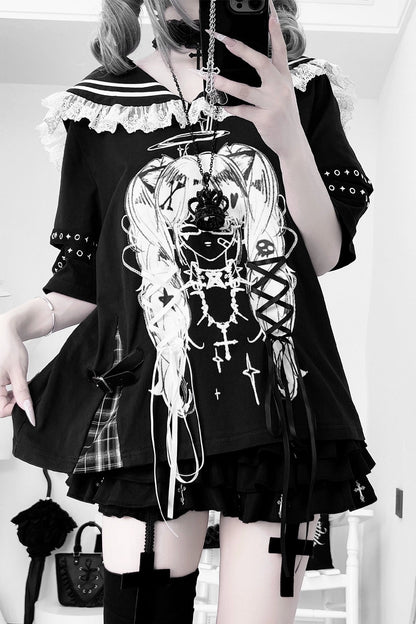 Lala-chan to the dark original design subculture print navy collar strappy top girl sweet cool outfit