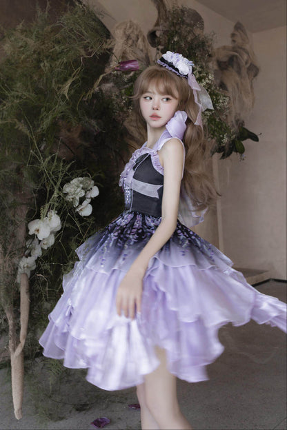 [Pre-order Deadline: June 18] Wisteria Purple Gradient Fairy Lolita Bow Layered JSK Dress + Full Set (Dress + Flower Hat)