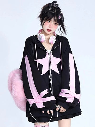 Pink Black Oversized Cardigan Hoodie Jacket