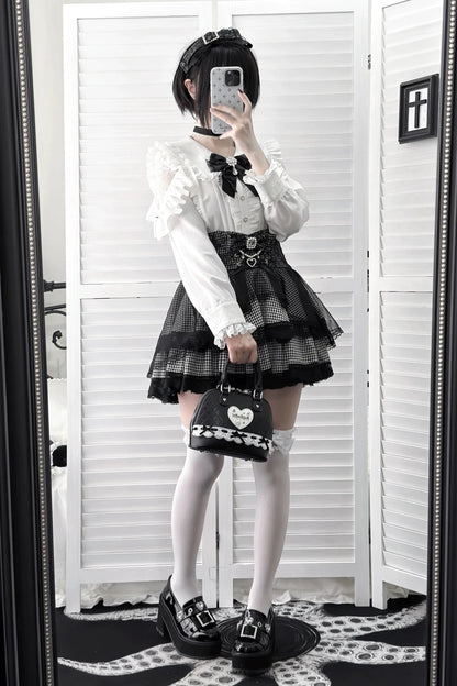 【11月15日予約締切】White Ruffle Trim Lace Sleeve Blouse＋Black White Pearl Bow Tiered Houndstooth Skirt＋Rhinestone Lace Ribbon Brooch