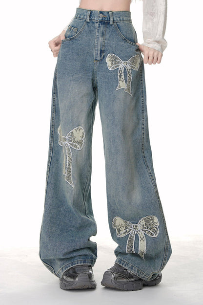 Lace Ribbon Wide Leg Jeans