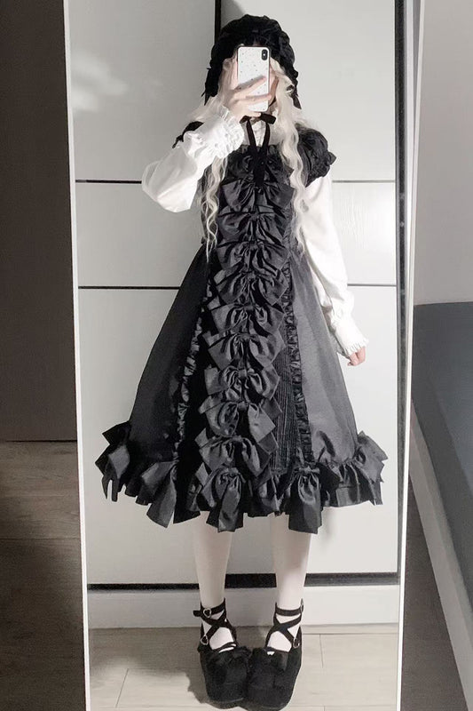 [November 15 Reservation Deadline] Black Gothic Doll-Style Front-And-Back Two-Way Ruffle Ribbon Lolita Dress (Short/Long) + Matching Shorts (Short/Long) + BB Hat