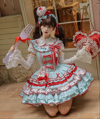 [Pre-order Deadline: September 27] Twin Tiered Lolita Dot Ribbon Striped Dress + Flower Bud Skirt Dress