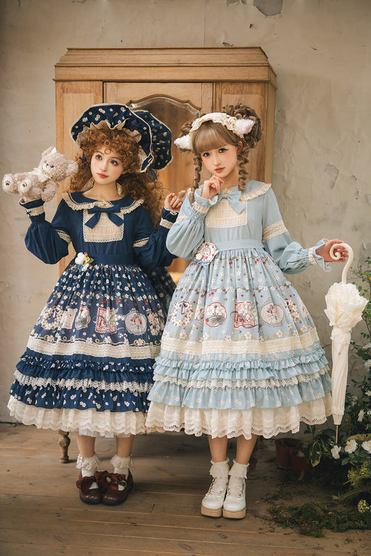 Retro Sheep Flower Print Dress + Solid Color Doll Dress