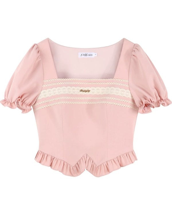 Pink Square Neck Puff Sleeve Top + Flare Skirt