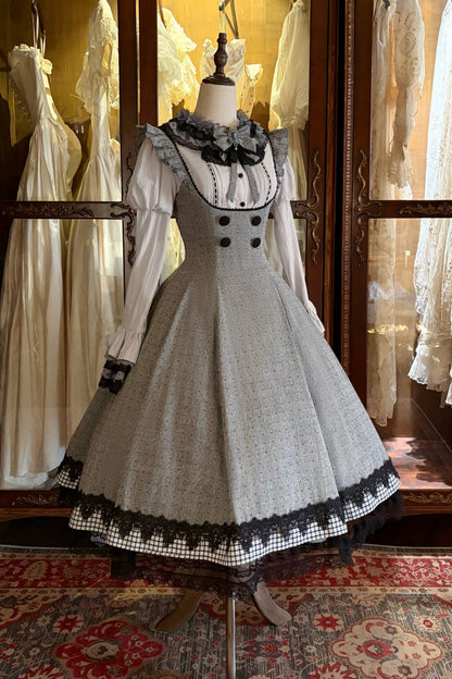 [Pre-order Deadline: May 19] Gray-Black Classic Lolita Top, JSK One-Piece & Bow Tie 3-Piece Ensemble