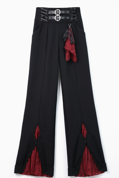 【10月2日予約締切】Gothic Knight Prince Lolita Victorian Lace Ruffle Shirt +Jewel Jabot Tie + Vintage Buckle Crimson Panel Pants (With Detachable Decorative Handkerchief)