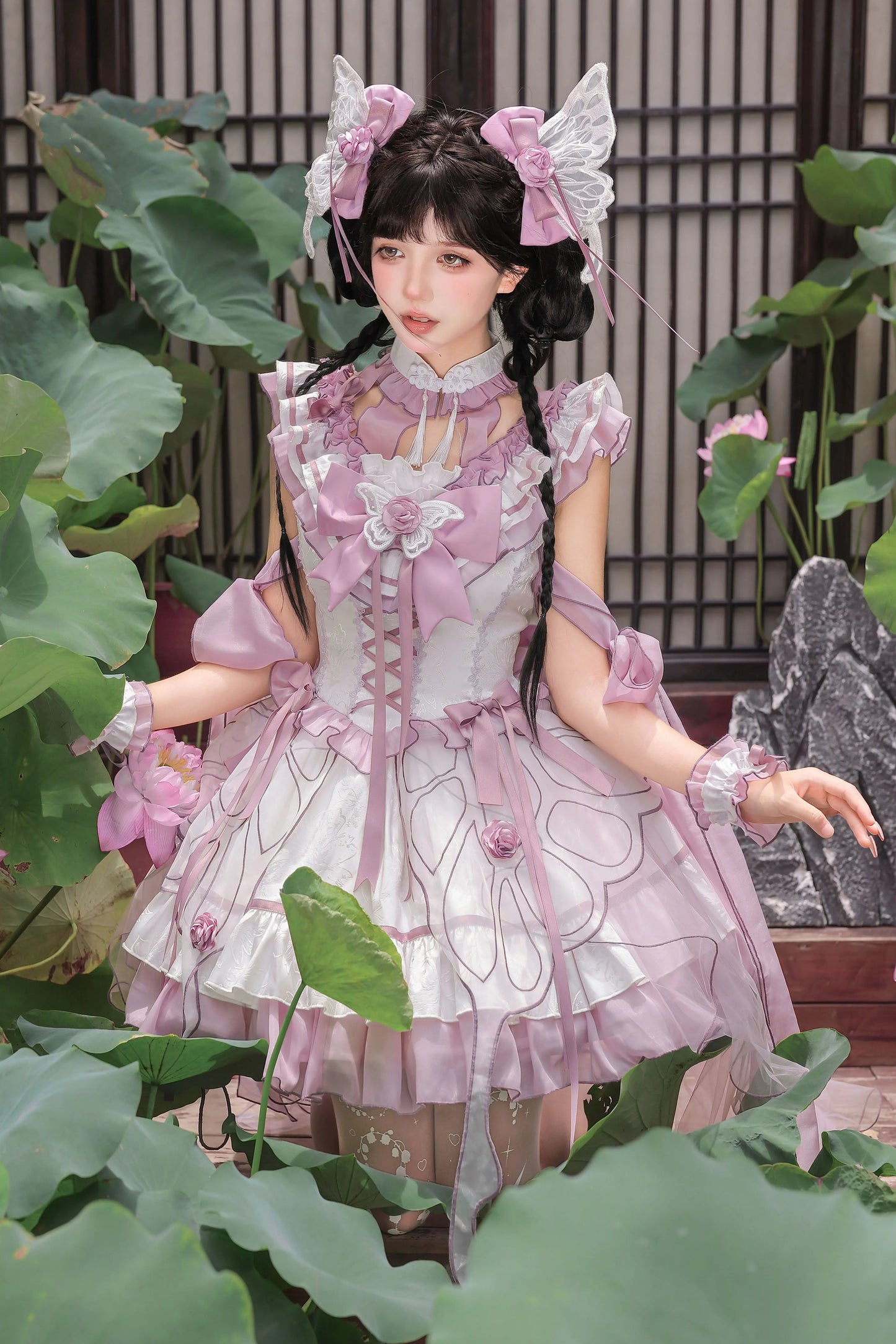 【8月18日予約締切】蝴蝶フェアリーチャイナロリータエンブロイダリーリボンレイヤードドレスコンプリートセット