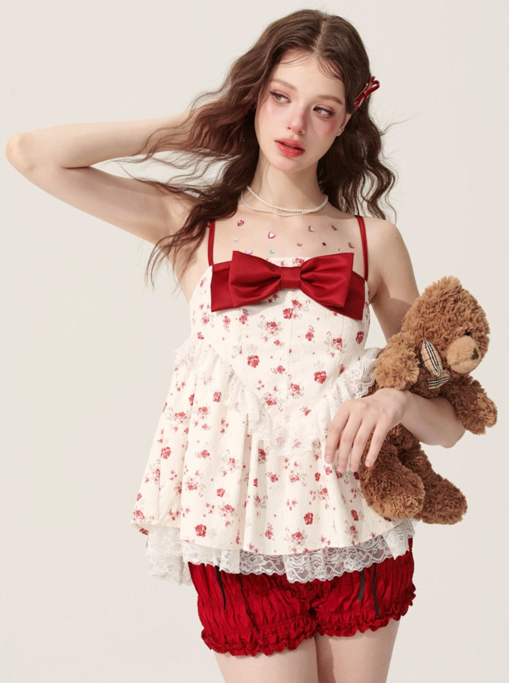 5월 31일 20시 판매】레스 아이 로즈 드림 리본 인형 셔츠 서스펜더 달콤한 티셔츠 여자