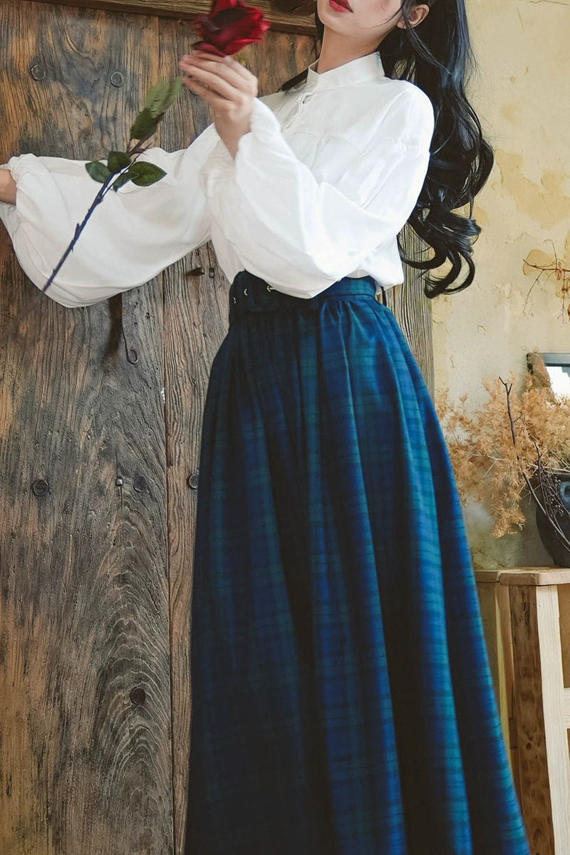 Retro Check Waist Belt Design Long Skirt