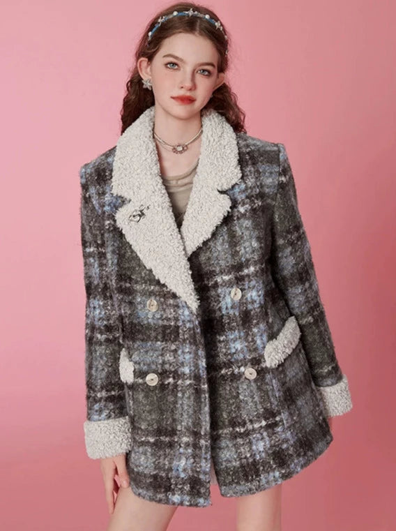 レトロチェックテーラードカラーツイードボアジャケット