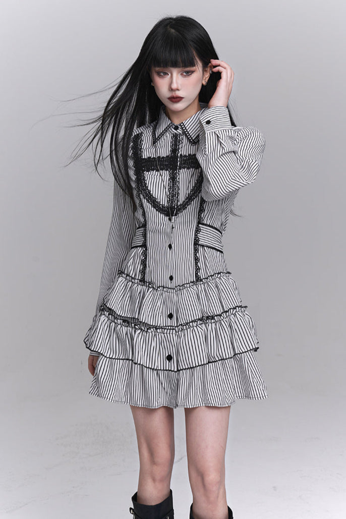 Gothic Style Striped Shirt Dress