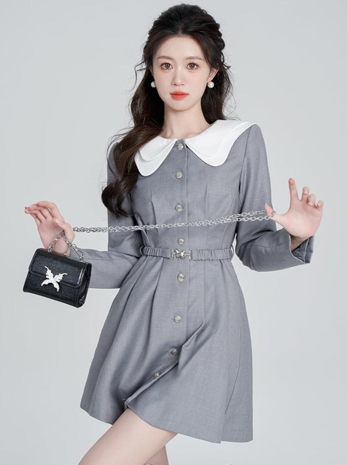 Doll Collar College Style Gray Dress