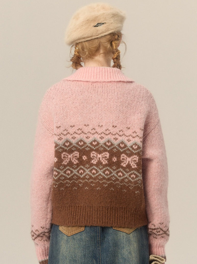 Fair Isle Sweater Ribbon Knit Cardigan