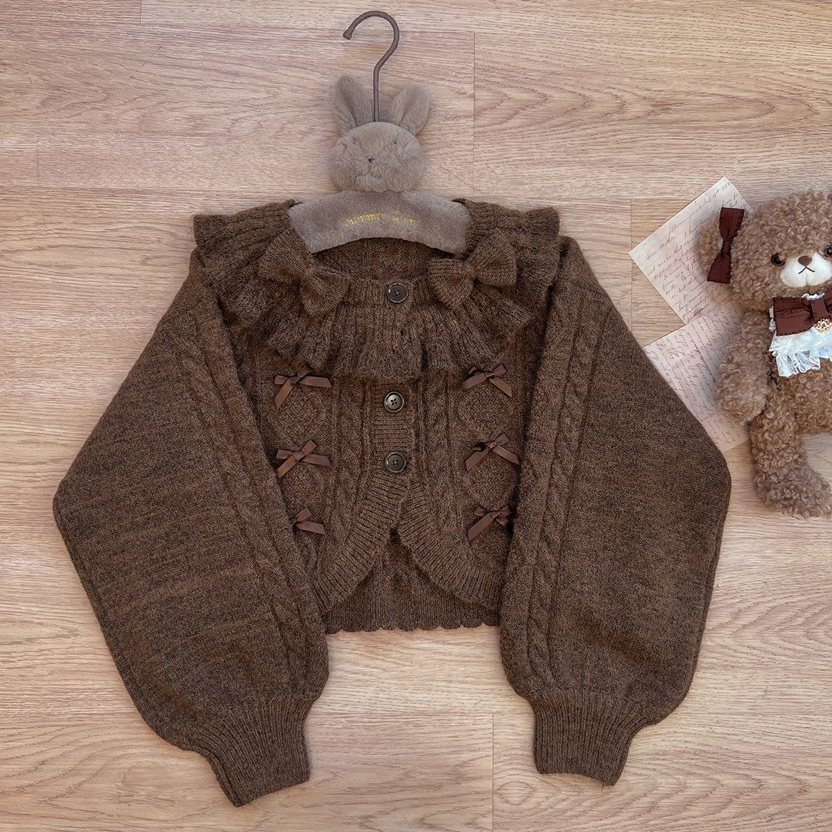 Ruffle Ribbon Lantern Sleeve Knit Cardigan