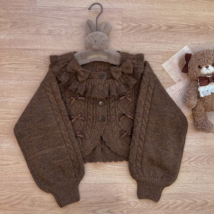 Ruffle Ribbon Lantern Sleeve Knit Cardigan