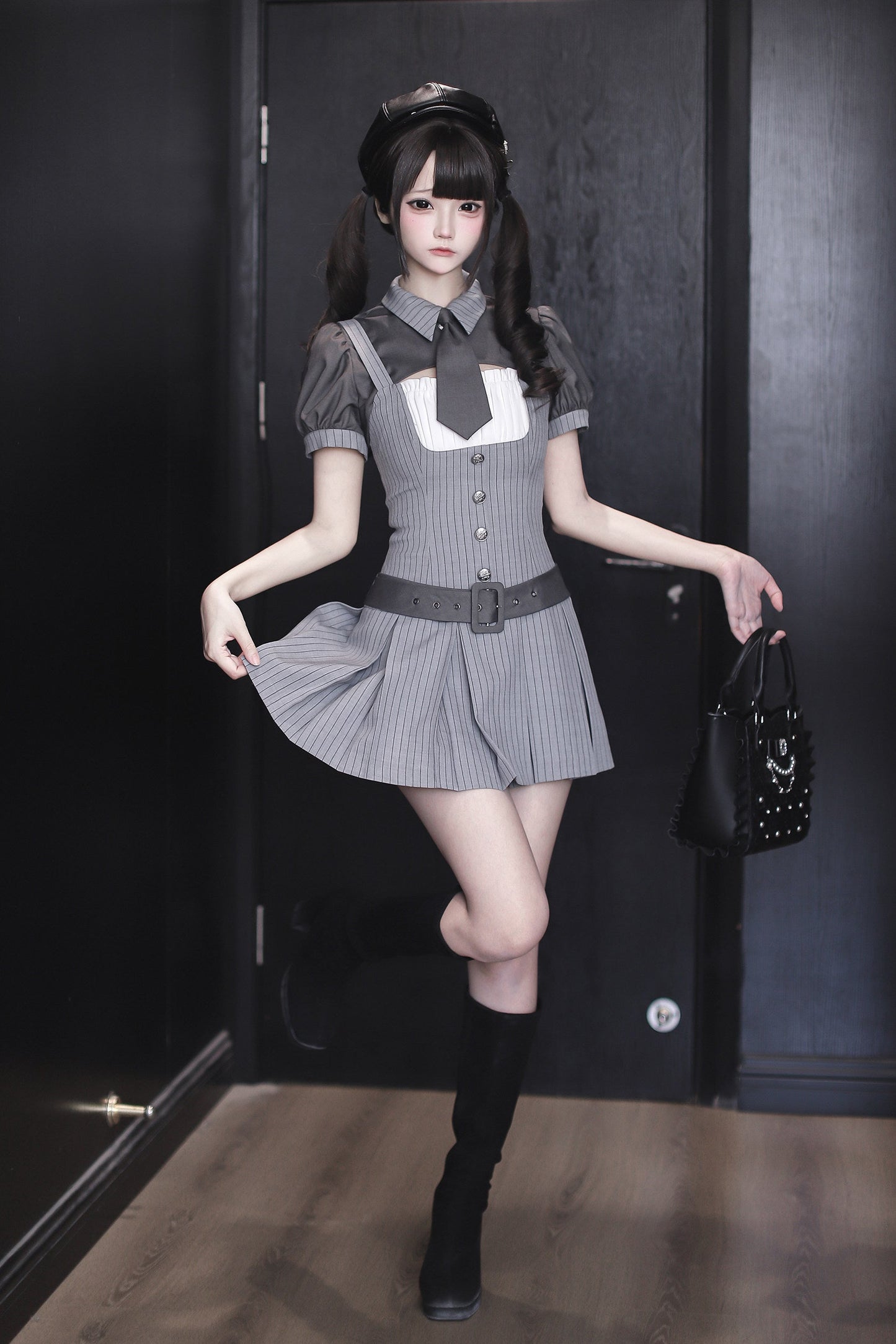 【4月15日予約締切】グレーピンストライプタイカラーショートジャケットドレスフルセット＋ジュエルキャスケット