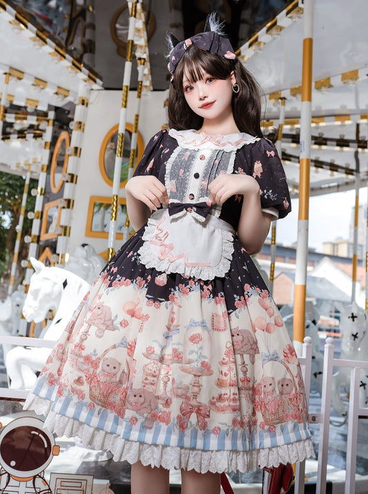 The beginning of the school season spring and autumn lolita original cat party op sleeved cute sweet printed dress apron dress