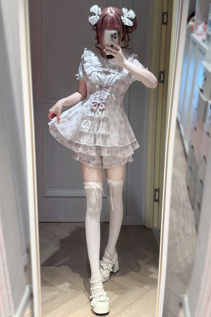 【9月2日予約締切】Romantic Pink Floral Layered Lace Dress＋Matching Shorts ＋ Bow Hairclips ＋ Bow Tie[Full set]