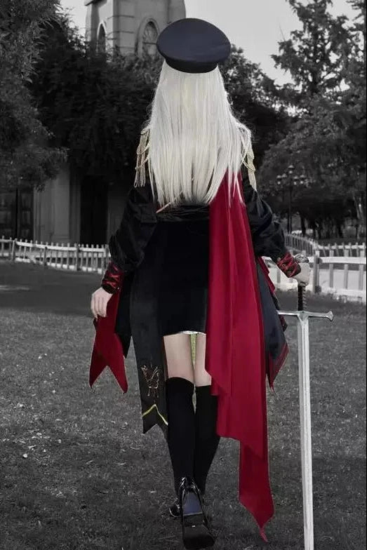 [Pre-order] Black and Red Military Gothic Lolita Asymmetrical Dress + Top + Sash + Brooch Set