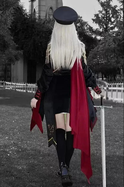 [Pre-order] Black and Red Military Gothic Lolita Asymmetrical Dress + Top + Sash + Brooch Set