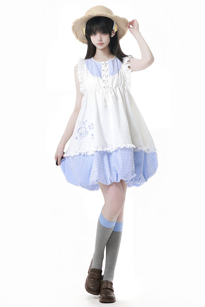 シェルパズルノースリーブトップス＋チェックショートパンツ＋バルーンドレス